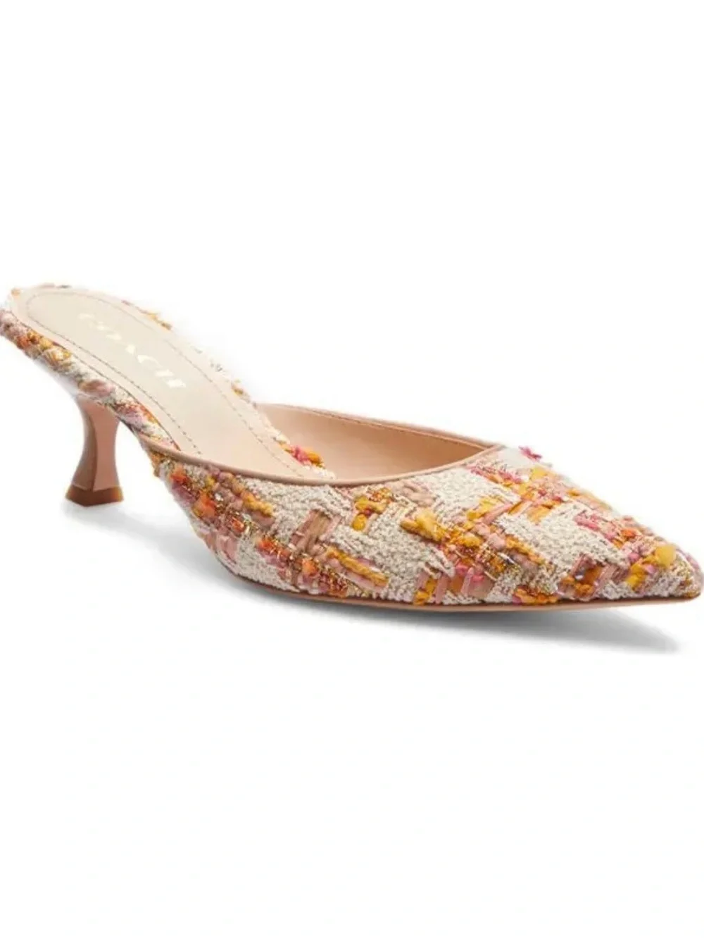 Coach Renn Tweed Kitten Heel Pointed Toe Mules in Pink and Yellow Size 8